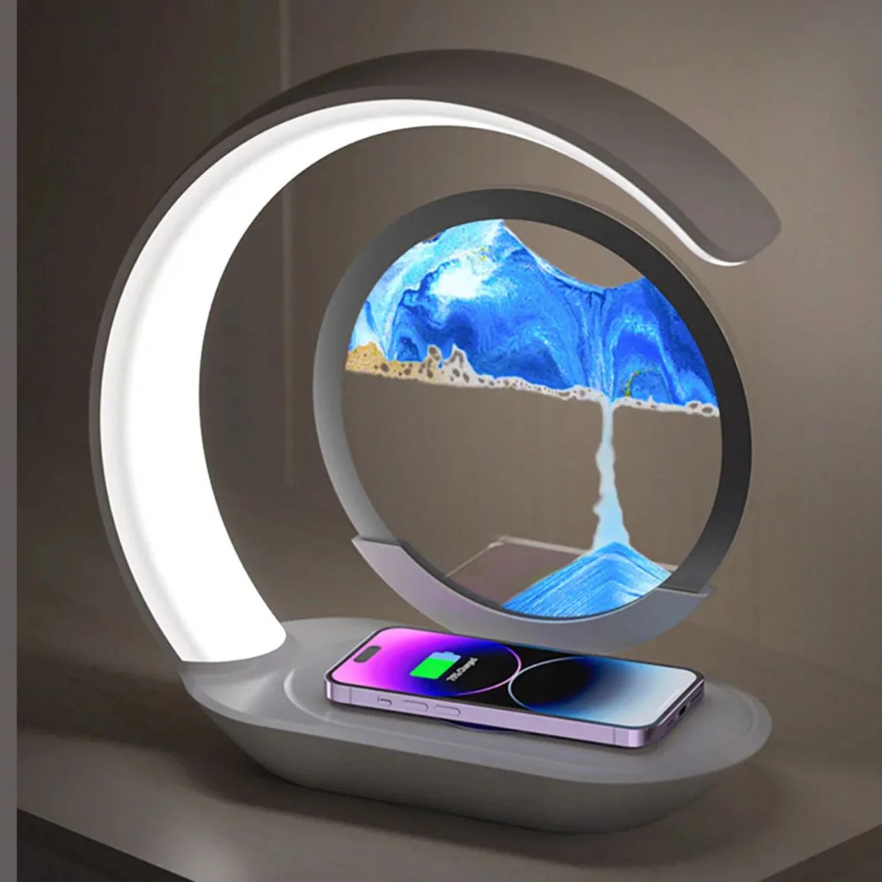 Lampe LED Design 3-en-1 – Éclairage Moderne, Décoration Sable Mouvant & Chargeur Sans Fil