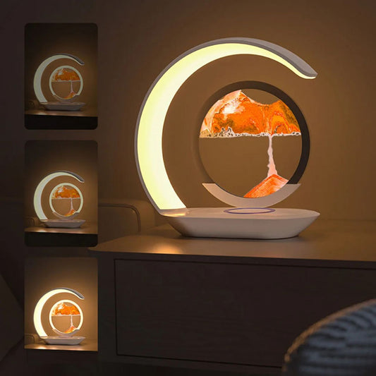 Lampe LED Design 3-en-1 – Éclairage Moderne, Décoration Sable Mouvant & Chargeur Sans Fil