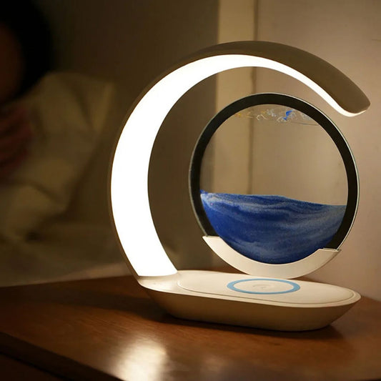 Lampe LED Design 3-en-1 – Éclairage Moderne, Décoration Sable Mouvant & Chargeur Sans Fil